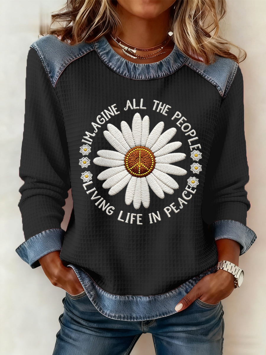 Women's Imagine All The People Living Life In Peace Print Patchwork Top