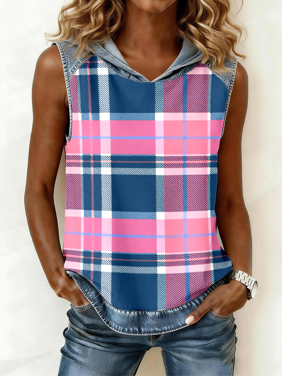 Women's Plaid Print Patchwork Hooded Top
