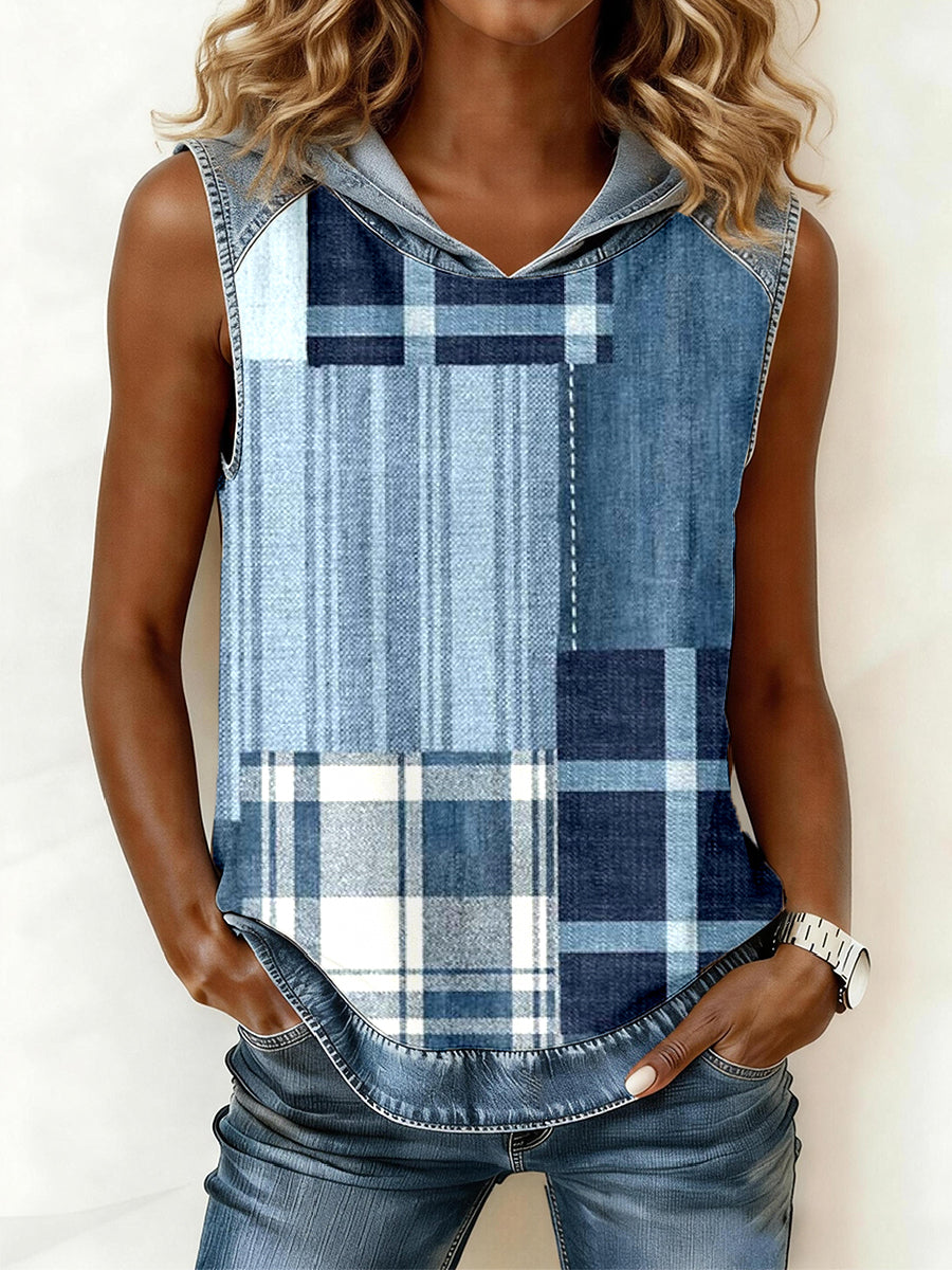 Women's Blue Plaid Pattern Patchwork Hooded Top