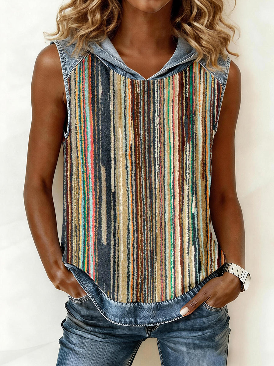 Women's Vintage Striped Print Patchwork Hooded Top