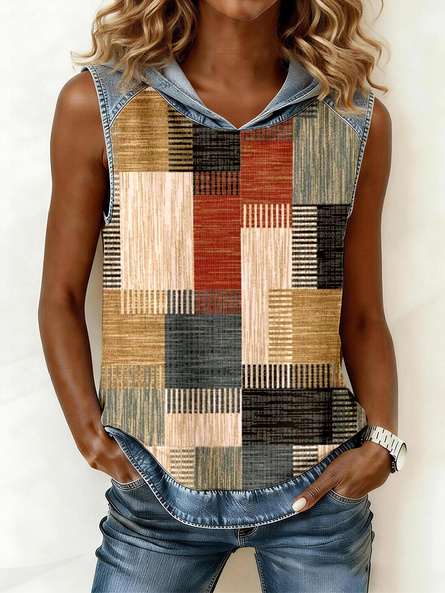 Women's Abstract Art Geometric Pattern Patchwork Hooded Top