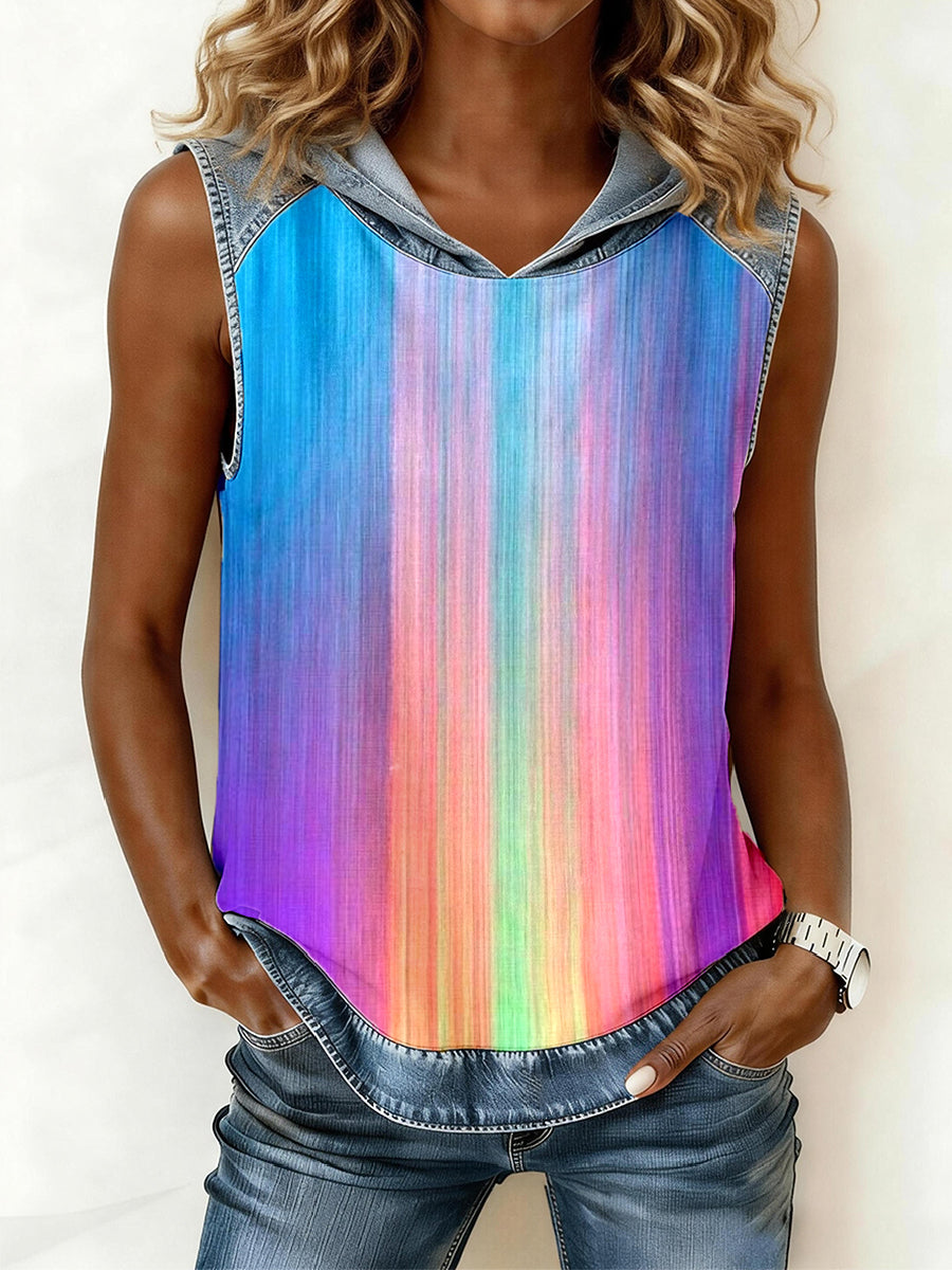 Women's Colorful Striped Print Patchwork Hooded Top