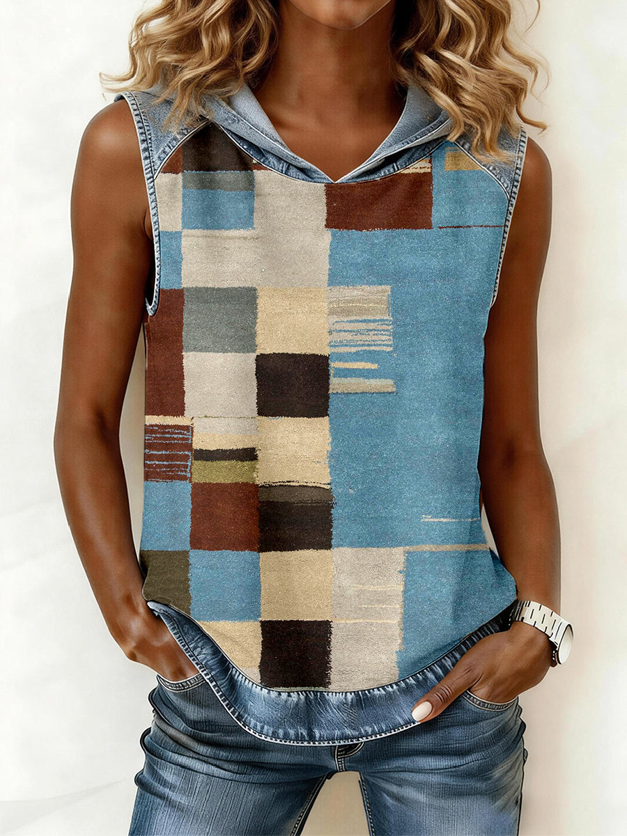 Women's Abstract Art Plaid Print Patchwork Hooded Top