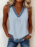 Women's Blue Striped Print Patchwork V-Neck Top