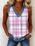 Women's Purple Plaid Print Patchwork V-Neck Top
