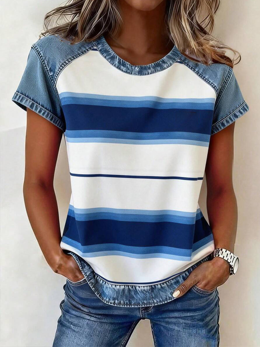Women's Striped Print Patchwork Top