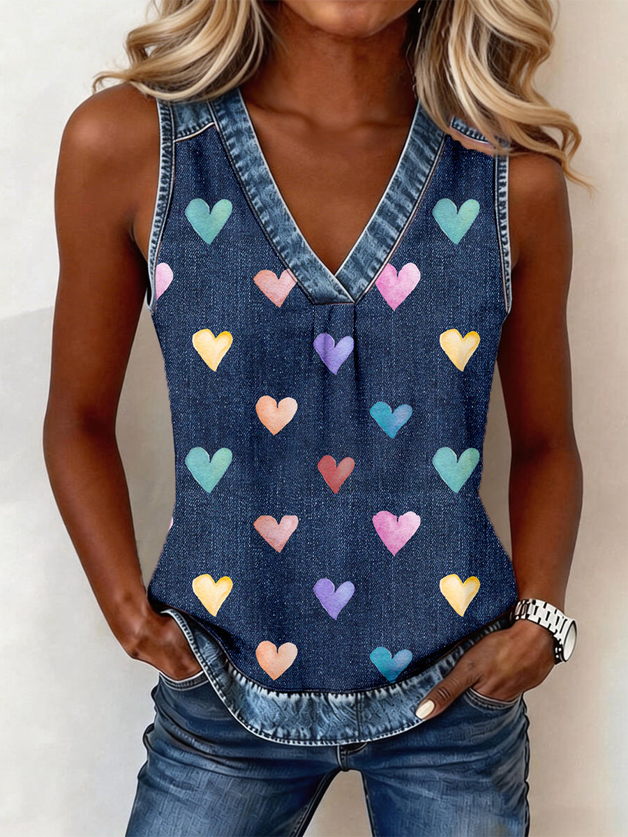 Women's Colorful Heart Pattern Patchwork V-Neck Top