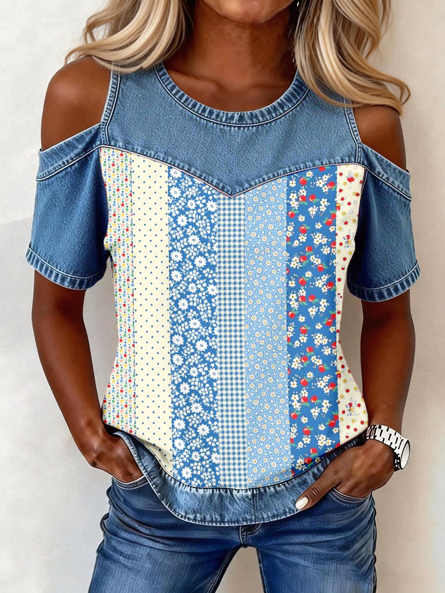Women's Elegant Floral Pattern Patchwork Top