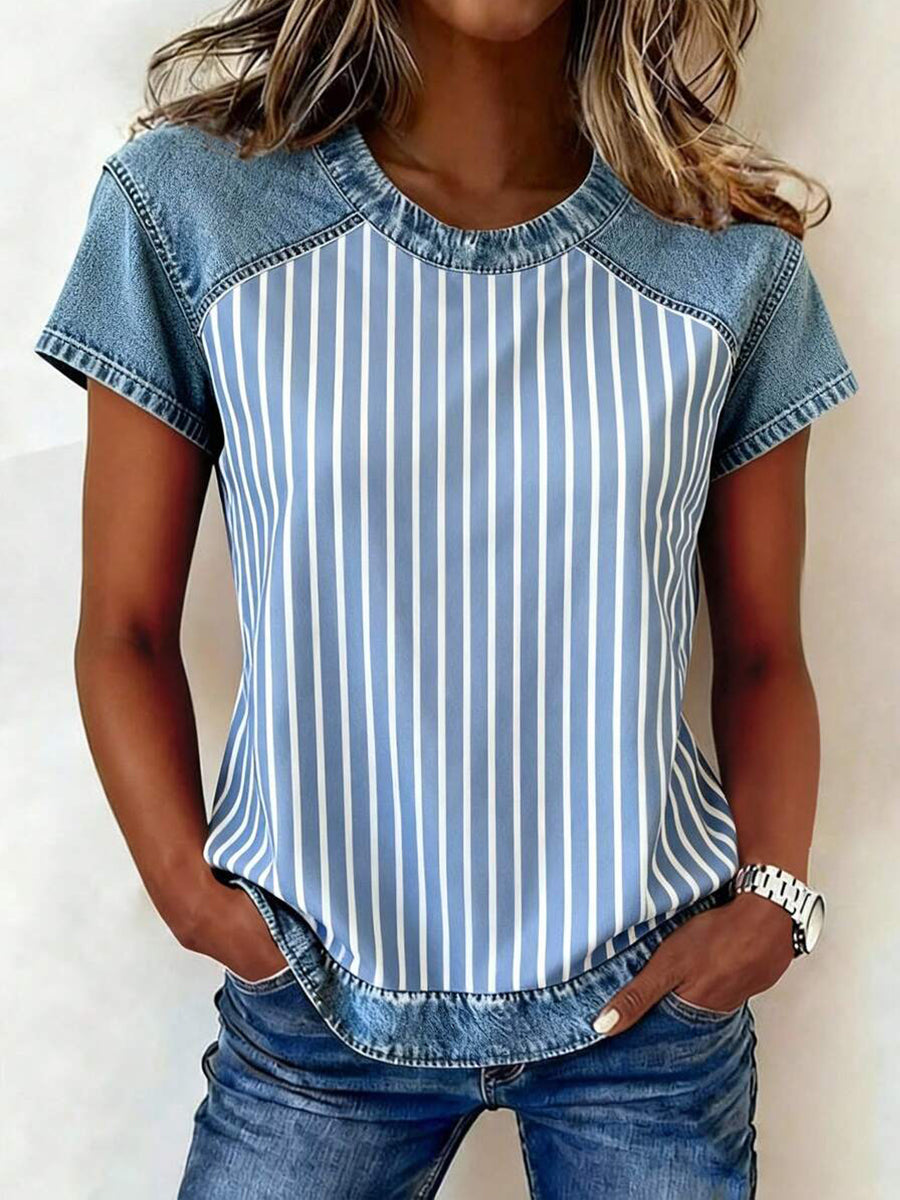 Women's Striped Print Patchwork Top