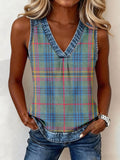 Women's Vintage Plaid Print Patchwork V-Neck Top