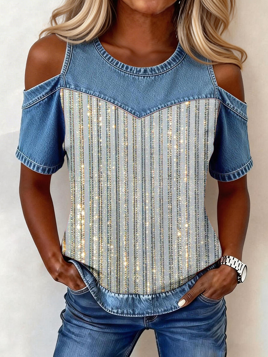 Women's Shiny Striped Pattern Patchwork Top