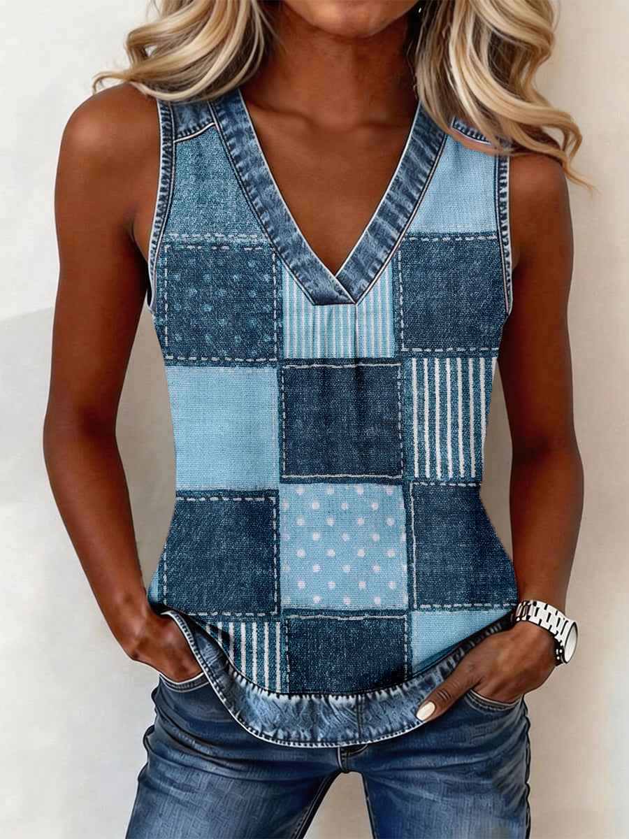 Women's Patchwork V-Neck Top
