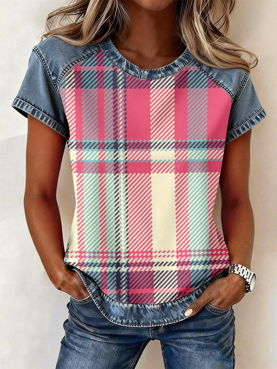 Women's Pink Plaid Pattern Patchwork Top