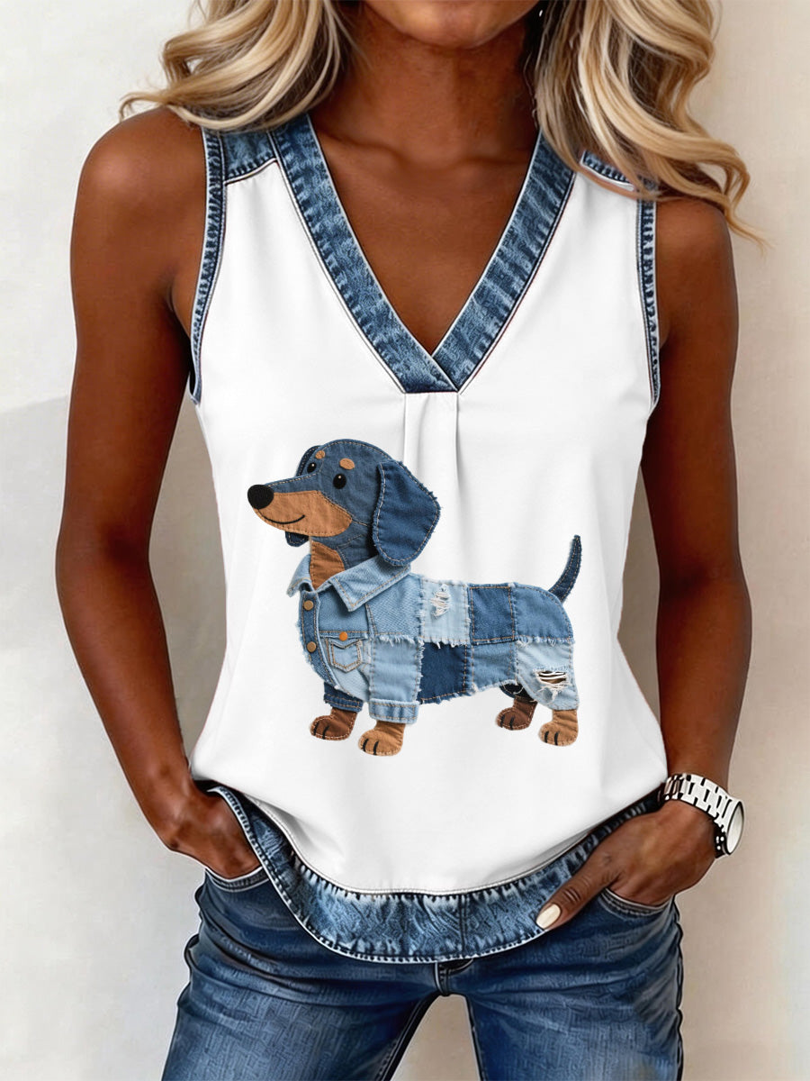 Women's Lovely Dachshund Pattern Patchwork Top