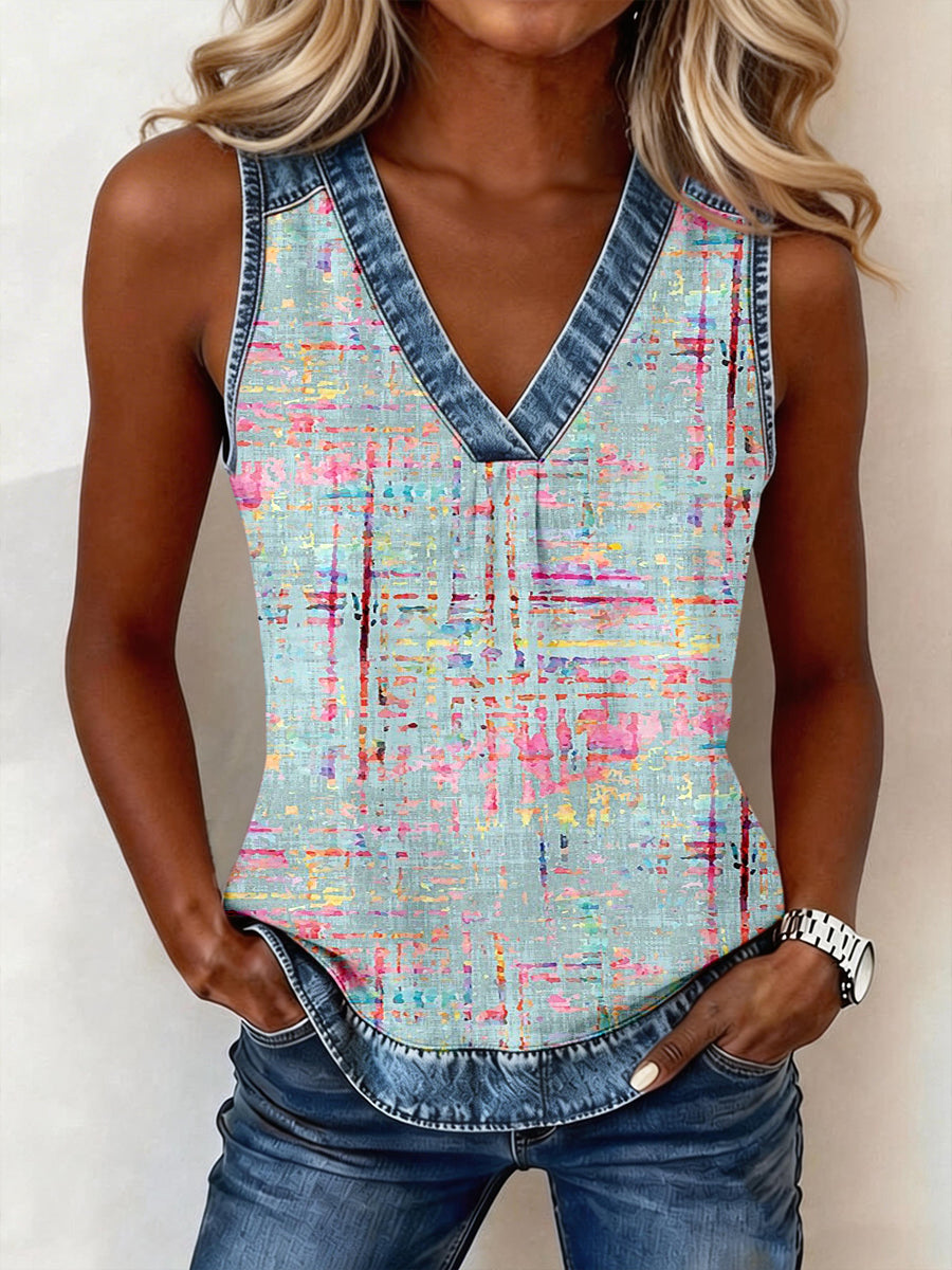 Women's Abstract Art Print Patchwork Top