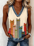 Women's Lovely Cat Pattern Patchwork Top