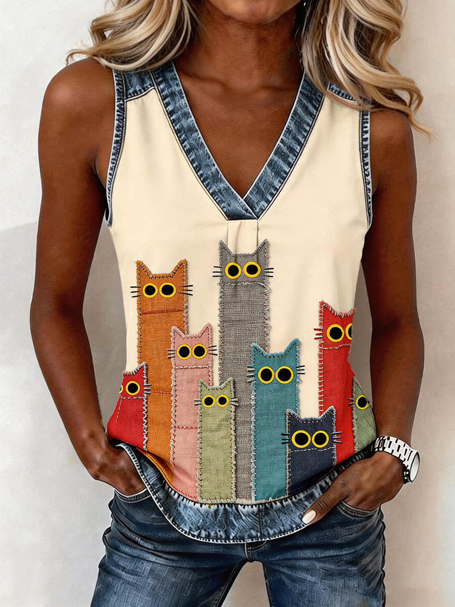 Women's Lovely Cat Pattern Patchwork Top