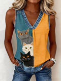 Women's Lovely Cat Pattern Patchwork Top
