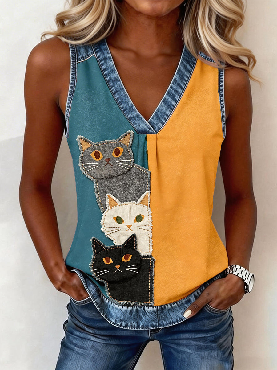 Women's Lovely Cat Pattern Patchwork Top