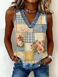 Women's Plants And Flowers Pattern Patchwork Top
