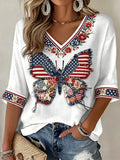 Women's Independence Day Flag Butterfly Art V-neck  Top