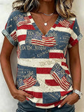 Women's Retro Independence Day Flag Patchwork We The People V-neck Top