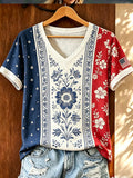 Women's Independence Day American Flag Floral Art Casual V-neck Short Sleeve Top