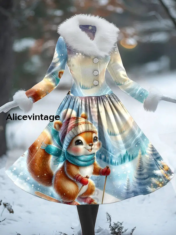 Squirrel Art Print Vintage Elegant Fur Collar Long Sleeve Midi Dress A / S