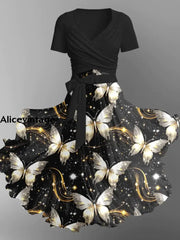 Starlight Butterfly Print Elegant Vintage Chic V-Neck Strap Short Sleeve Midi Dress A / S