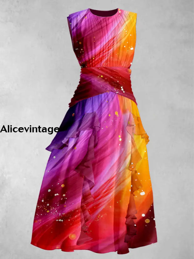 Starlight Gradient Print V-Neck Elegant Chic Chiffon Sleeveless Maxi Dress A / S