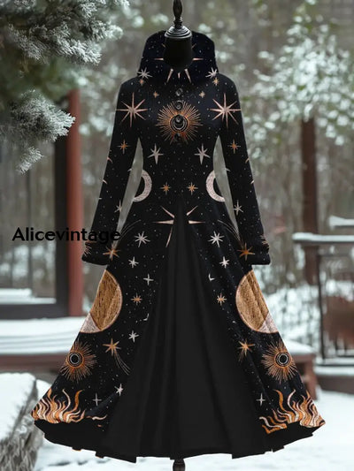 Starry Sky Art Print Vintage Elegant Long Sleeve Maxi Dress A / S