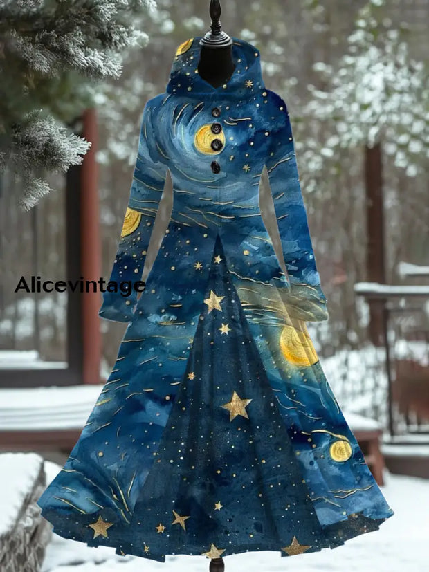 Starry Sky Art Print Vintage Elegant Long Sleeve Maxi Dress A / S