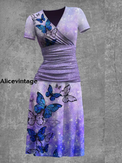 Starry Sky Purple Butterfly Print V-Neck Short Sleeve Vintage Midi Dress As Photo / S