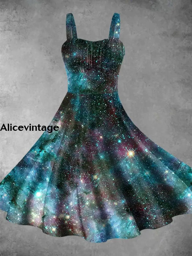 Starry Space Art Print Sleeveless Vintage Midi Dress Colorful / Xs