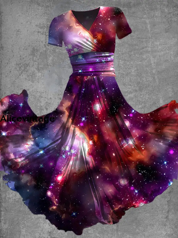 Starry Space Art Print Vintage V-Neck Short Sleeve Midi Dress A / S