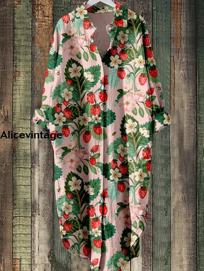 Strawberry Flower Printed Vintage Chic Long Sleeved Casual Loose Shirt Dress A / S