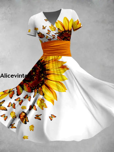 Sunflower Butterfly Art Printed V-Neck Vintage Fashion Short Sleeve Midi Dress A / S