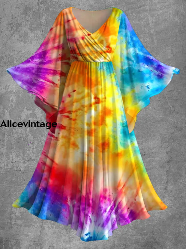 Tie Dye Art Print Bat Sleeve V-Neck Vintage Elegant Chic Flowy Midi Dress A / S