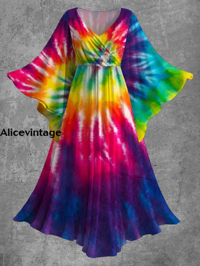 Tie Dye Art Print Bat Sleeve V-Neck Vintage Elegant Flowy Midi Dress A / S