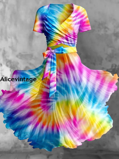 Tie Dye Art Print Retro Cross Fold Short Sleeve Two Piece Midi Dress