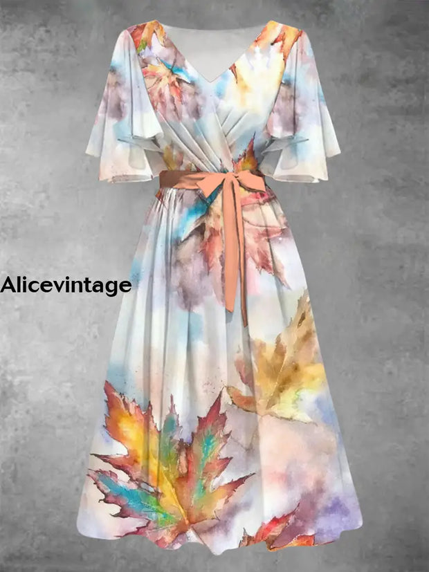 Tie Dye Leaf Print V-Neck Vintage Chic Short Sleeve Midi Dress A / S