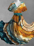 Tree Ring Art Print V-Neck Short Sleeve Vintage Dress A / S
