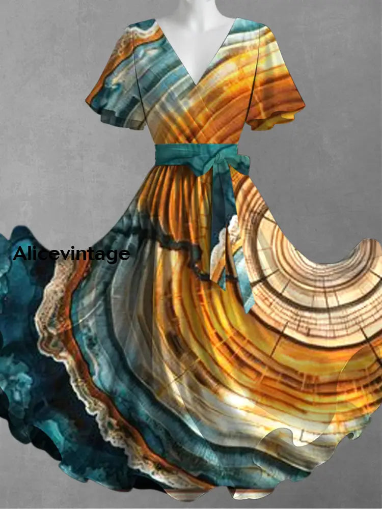 Tree Ring Art Print V-Neck Short Sleeve Vintage Dress A / S