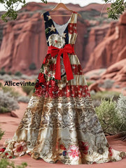 Vintage American Flag Floral Print V-Neck Sleeveless Cotton Maxi Dress A / S