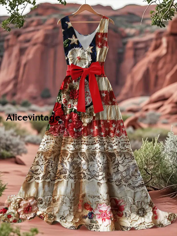 Vintage American Flag Floral Print V-Neck Sleeveless Cotton Maxi Dress A / S
