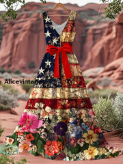 Vintage American Flag Floral Print V-Neck Sleeveless Cotton Maxi Dress A / S