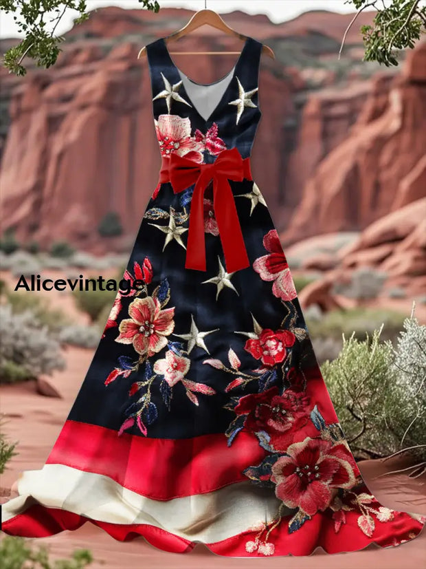 Vintage American Flag Floral Print V-Neck Sleeveless Cotton Maxi Dress A / S