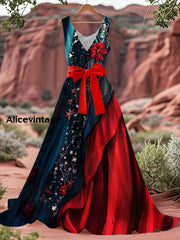 Vintage American Flag Floral Print V-Neck Sleeveless Cotton Maxi Dress A / S