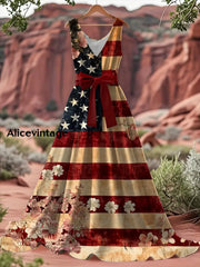 Vintage American Flag Floral Print V-Neck Sleeveless Cotton Maxi Dress A / S