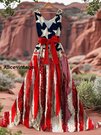 Vintage American Flag Floral Print V-Neck Sleeveless Cotton Maxi Dress A / S